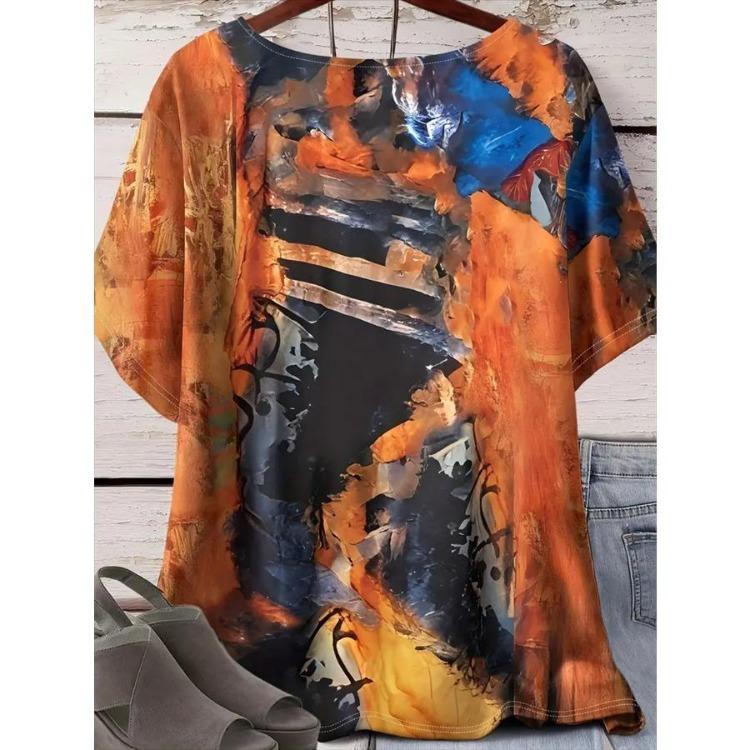 Women Plus Size Floral Print T-Shirt Relaxed Fit Short Sleeve Vibrant Pattern Spring Summer Outings Casual Comfortable Top