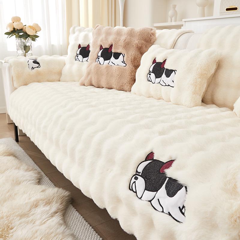 Large Rabbit Fur Plush Sofa Cushion - Winter 2025 Fleece Lined, Thickened, Non-Slip Leather Cover