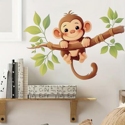 Cute Cartoon Little Monkey On Branch Wall Stickers, Self-Adhesive Decor for Kids Room Bedroom Background Wall Decoration