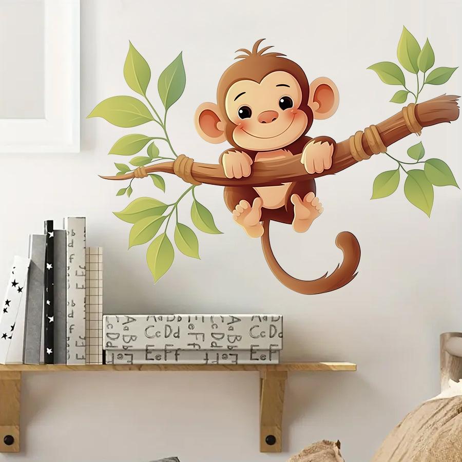 Cute Cartoon Little Monkey On Branch Wall Stickers, Self-Adhesive Decor for Kids Room Bedroom Background Wall Decoration