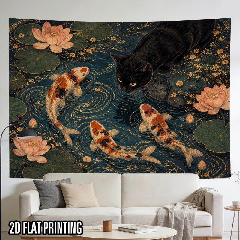 2D Flat - 2D Flat - 2D Flat Print 1pc Tapestry Black Cat Watching Koi Pond Tapestry, Oriental Zen Home Decor Multi-Size Polyester Background Resistant