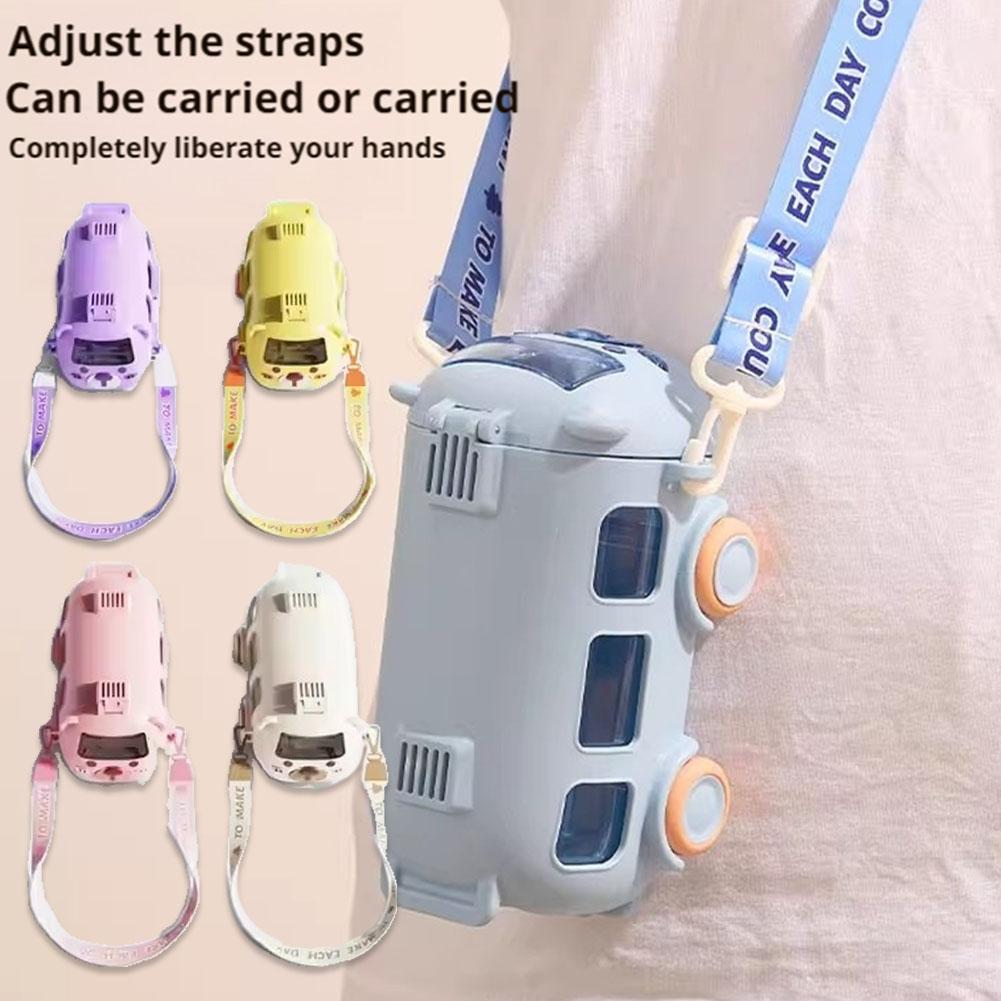 Kids' Bus Water Bottle 16oz Car Water Cup With Straw And Strap, Leak-Proof,Detachable Bus Water Jug Toy For School Sports Travel