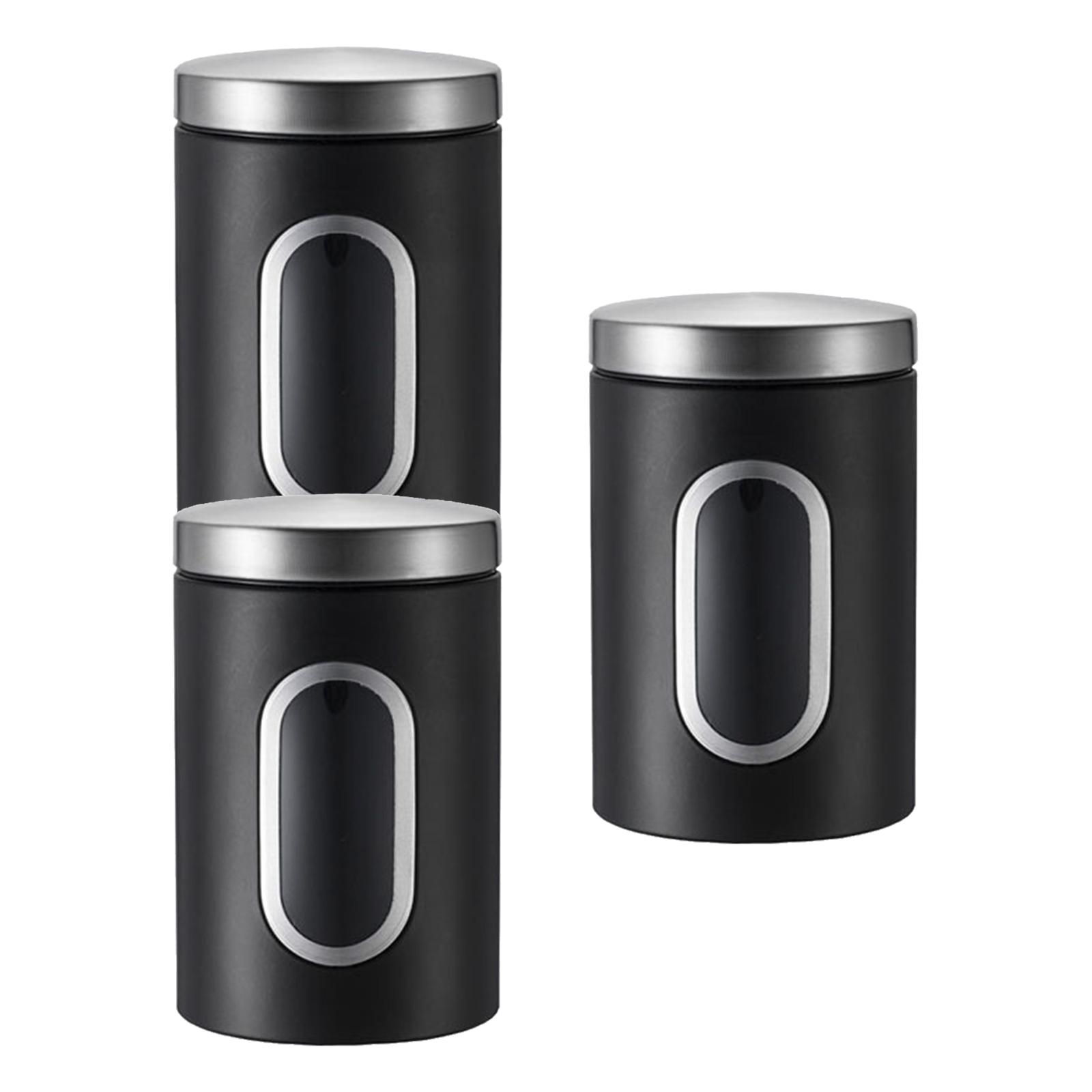 3 Pieces Stainless Steel Kitchen Storage Canister Set Transparent Food Storage Jars чёрный