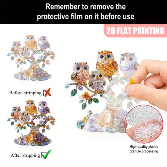 Owls Perched Tree Ornament, 2D Acrylic Owl Decoration with Base, Colorful Owl Flower Tree Ornament for Desktop Bookshelf Decor
