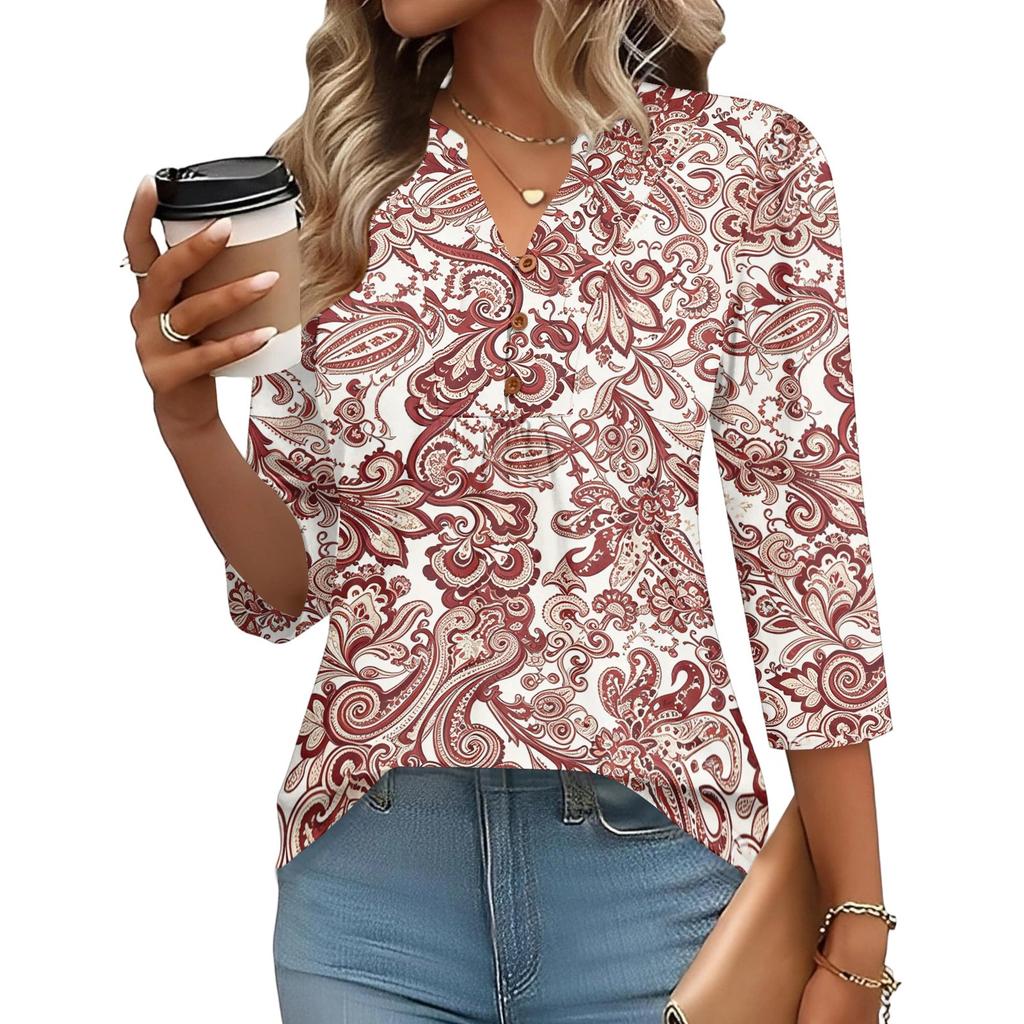 Women’s Fashion Loose Fit Three Quarter Sleeve Top with Print V Neck Button Comfortable Blouse for Daily Wear