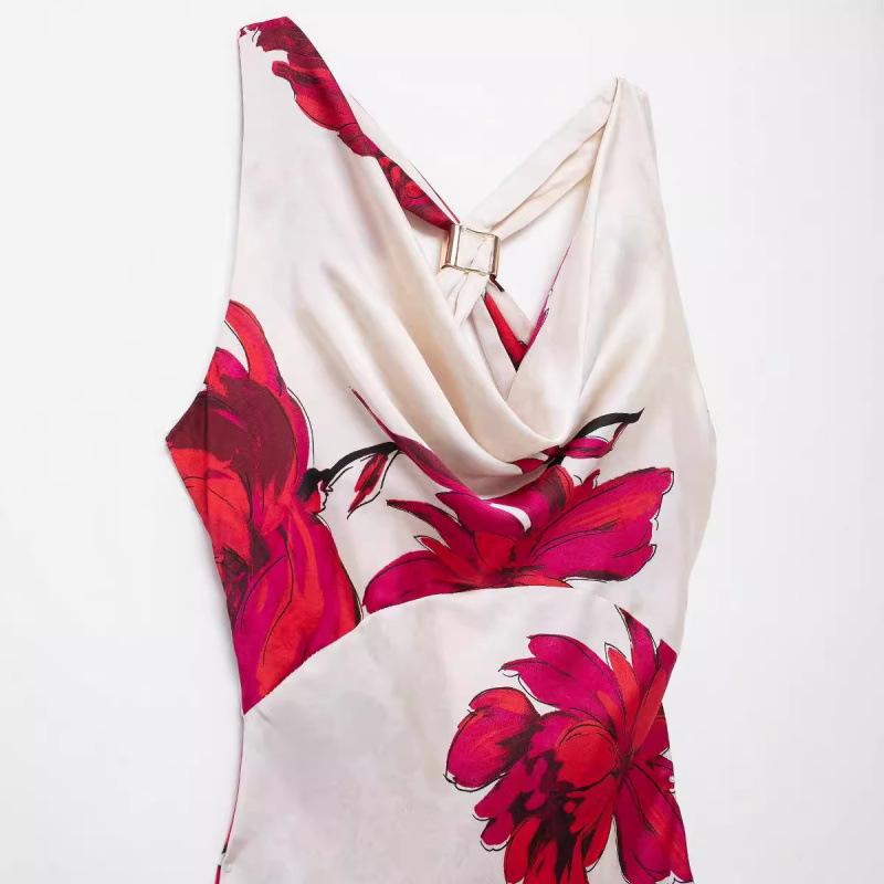 Summer European & American Women's Silk Satin Print Midi Dress