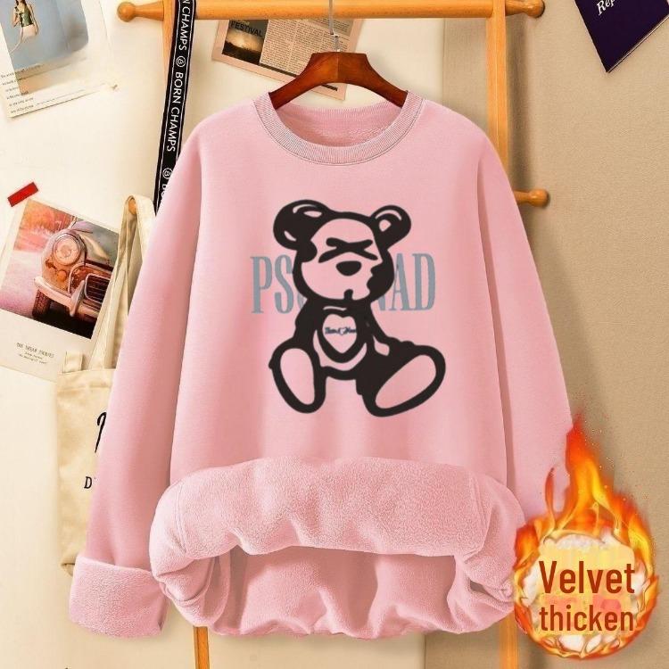 

Women Loose Fit Round Neck Sweatshirt Top Fashionable Velvet Thickened Cartoon Print Autumn Winter M