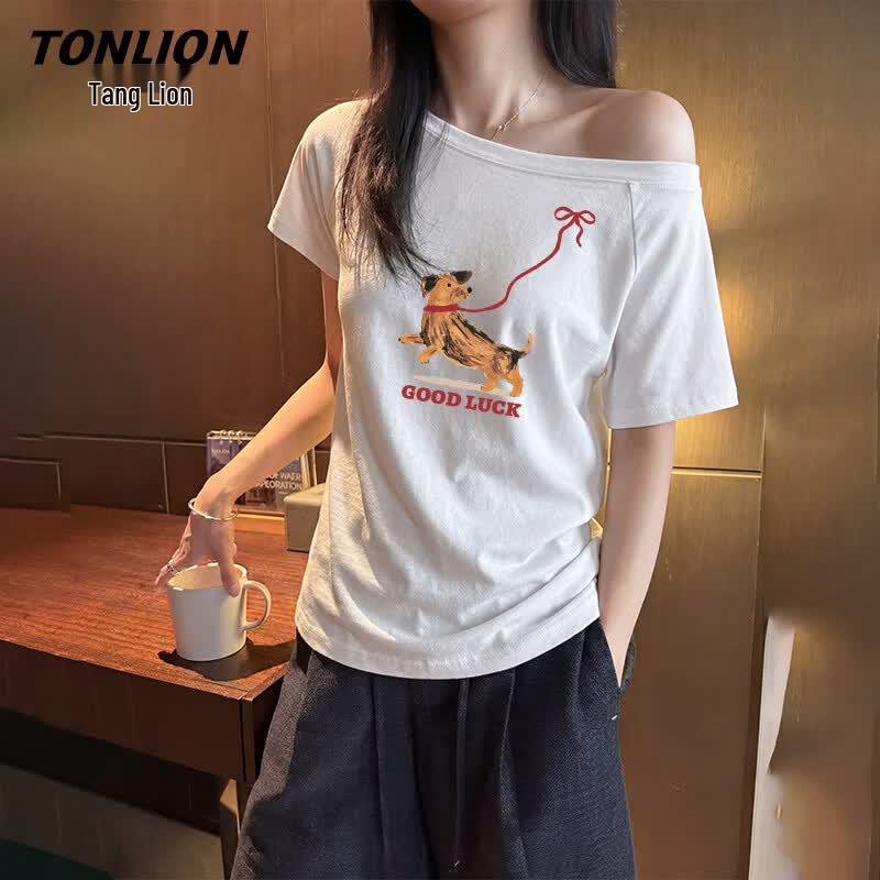 TonLion Women s Cute Puppy Slanted Neck T-Shirt S