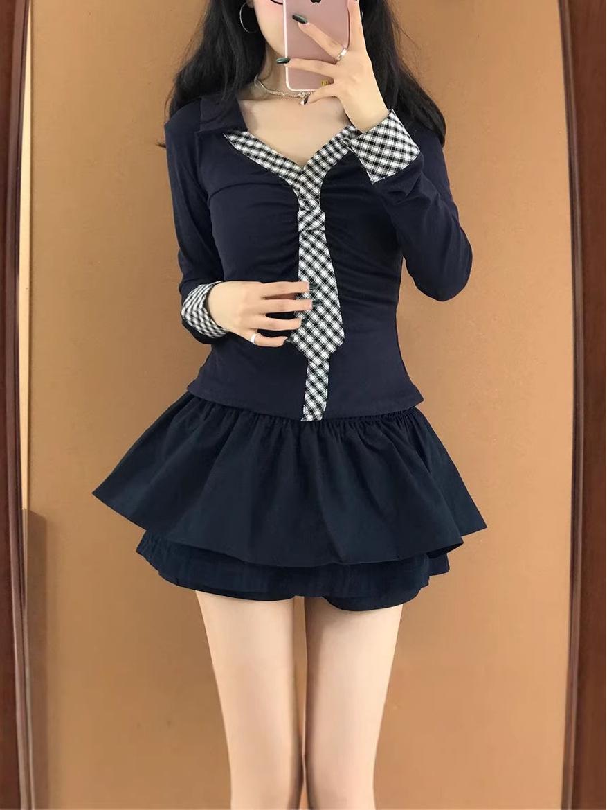 

Pure Desire Women s Spicy Plaid Tie Set: Korean Long Sleeve T-shirt & High Waist Fluffy Skirt XL