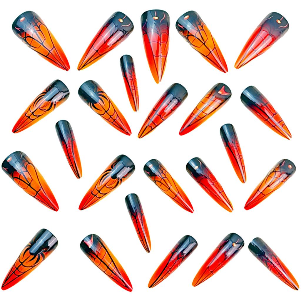 Long Almond Fake Nail Halloween Spiders Web Ghostly Design Lightweight ABS Artificial Nail For Parties Daily Wear
