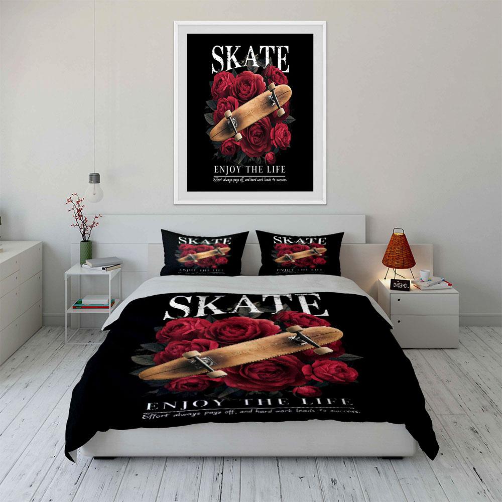Skateboard with Red Roses Bedding Duvet Cover Set Duvet Cover Pillowcases (1*Duvet Cover 2*Pillowcases, without duvet insert)