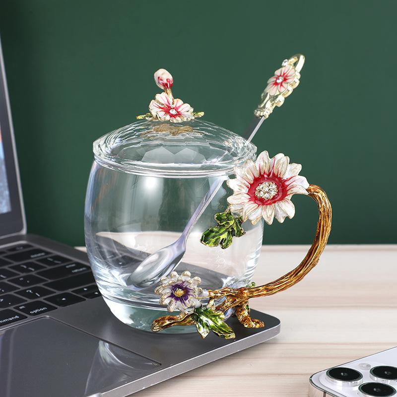 Creative Enamel Water Cup Spoon Set Home Luxury Glass Cup with Spoon with Lid Tea Cup Gift Box