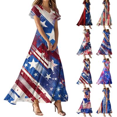 Women's Independence Day Flag Print Casual V-Neck Short Sleeve High Waist Dress