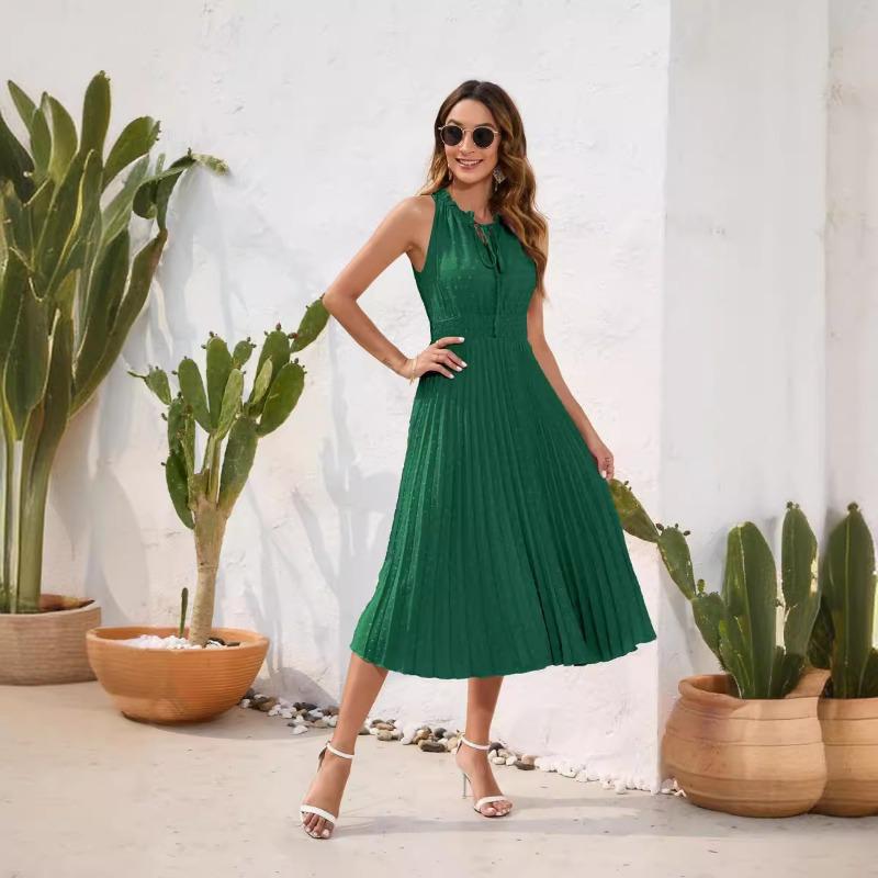 Šaty s vysokým pasem, plisované pod tlakem, bez rukávů, letní, ležérní, na dovolenou, cestovní