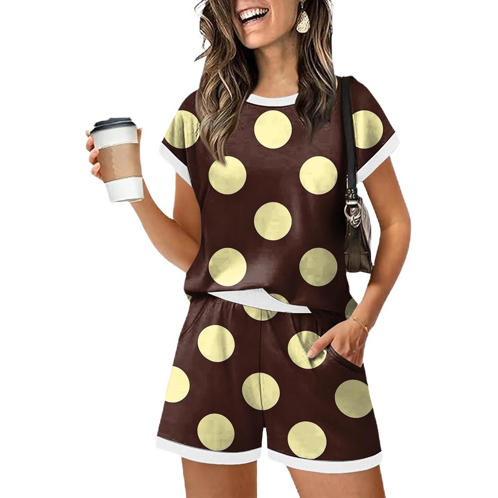 Women Casual Two Piece Set Short Sleeve Top and Shorts Lounge Wear with Pockets Lightweight Soft Fabric Relaxed Fit