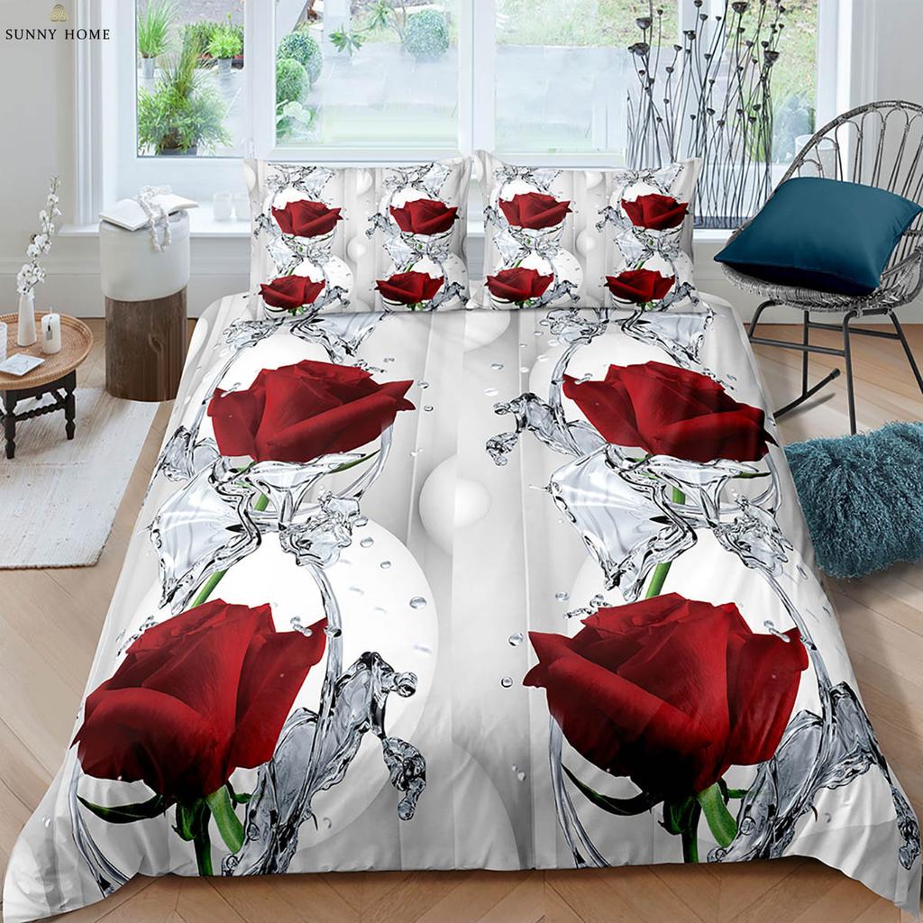Valentine's Day Gift Romantic Retro Red Rose 3d Printed Quilt Cover Bedding Set Quilt Cover Pillowcase Three-Piece Set