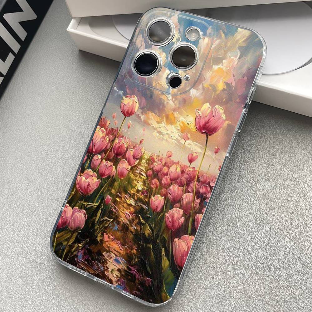 Oil Painting Of Flowers Transparent Phone Case For iPhone 17 16 15 11 12 13 14 Pro Max Mini Soft TPU Silicone Plus