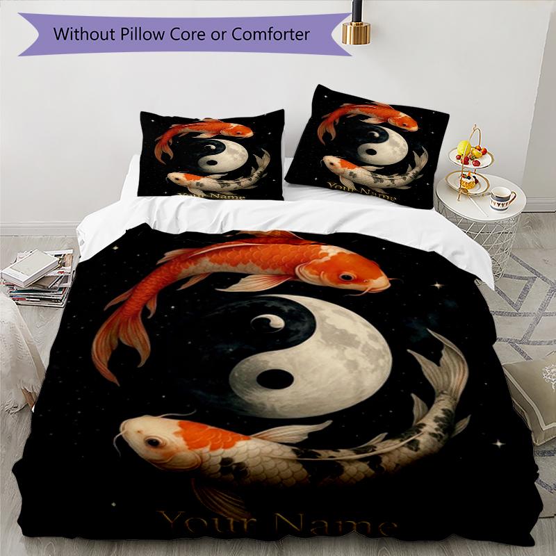 Koi Yin Yang Custom Name Text Print 1Pc Bedding Set Duvet Cover With Two Pillowcases Soft Bed Linen For Household Bedroom