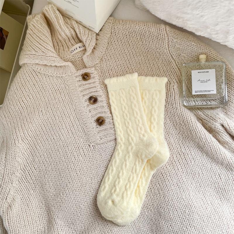 Damskie Jesienno-Zimowe Dodaj Aksamit Grube Ciepłe Retro Skręcane Kolorowe Skarpetki Rurki do Spania