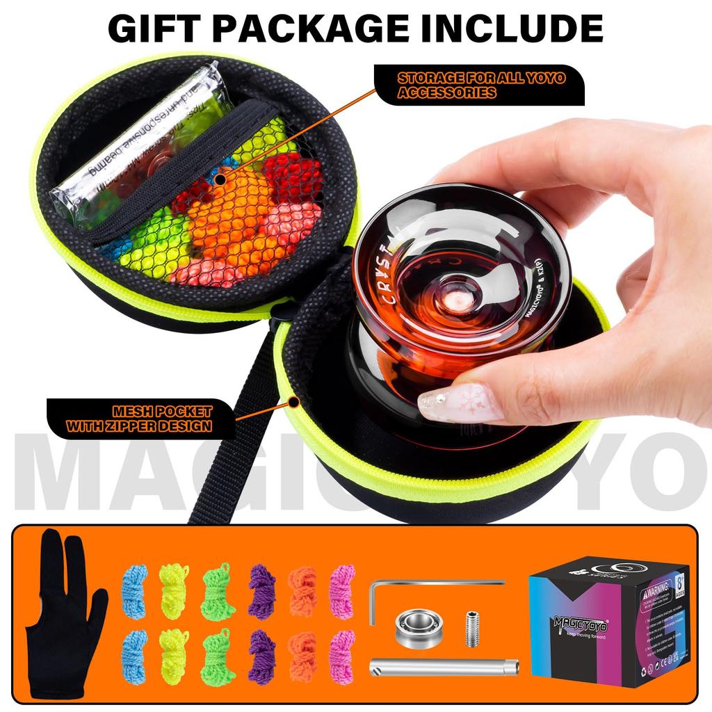 MAGICYOYO K2 Crystal Professional Responsive for Kids and Extra Responsive Pro Plastic Trick for Adults 12 Strings Bearing Removal Tool Storage Bag