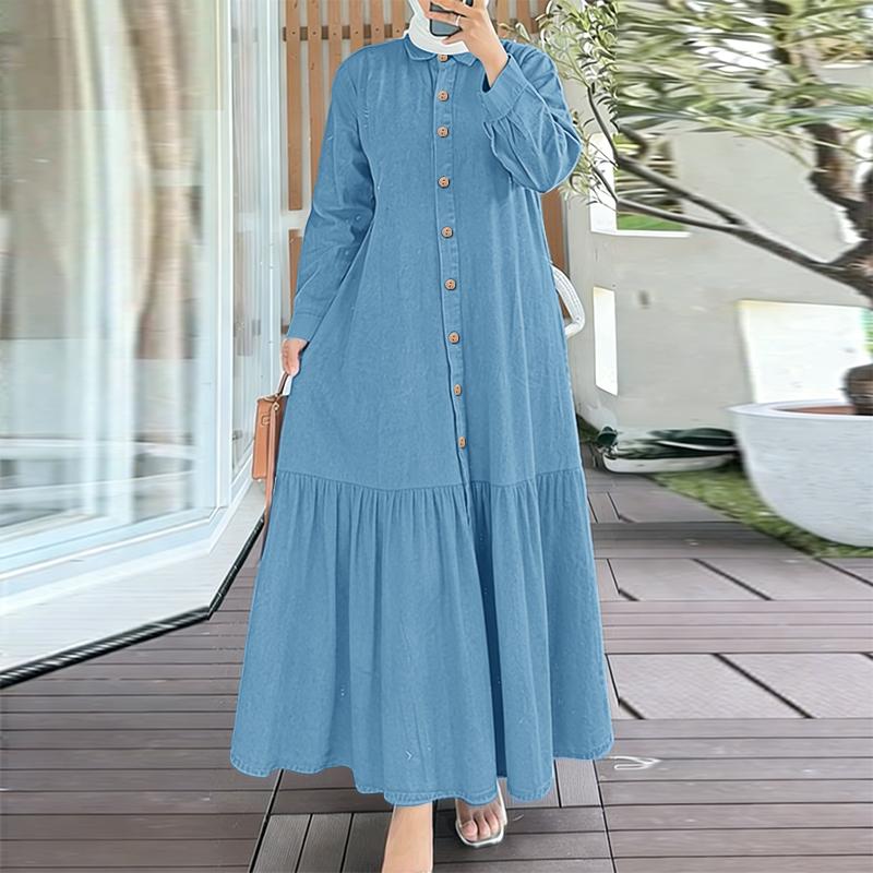 ZANZEA Women Casual Turn Down Collar Loose Long Sleeve Retro Long Dress