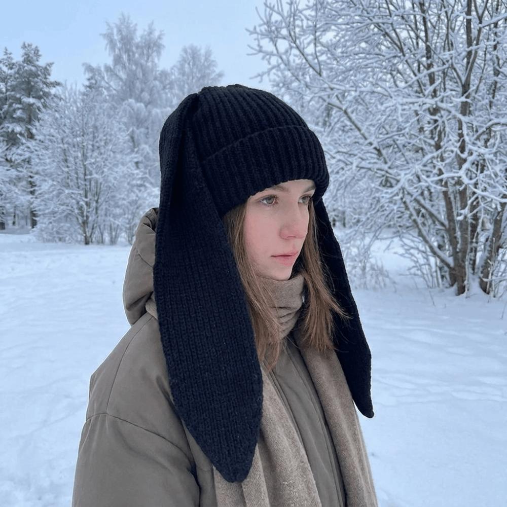 Cartoon Bunny Beanies Hat Solid Color Winter Pullover Hat Cute Rabbit Long Ear Knitted Hat Outdoor