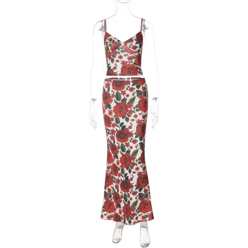 

Flower Stamen V-neck Suspender Wrap Skirtv Collar Sling Sheath Dress Suit Red XS