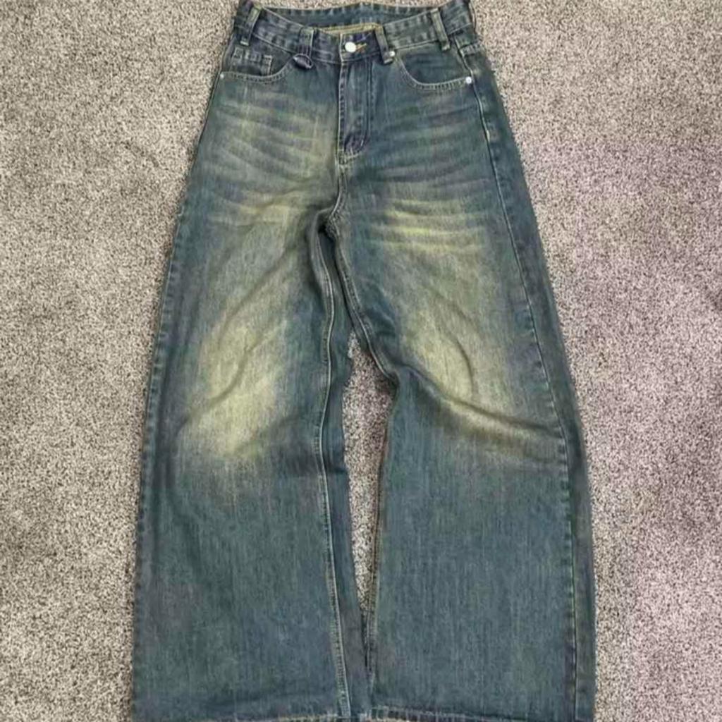 Men's Denim Pants Old Blue Washed Male Jeans Straight Casual Menwear Loose Wide Leg Trousers New Fashion
