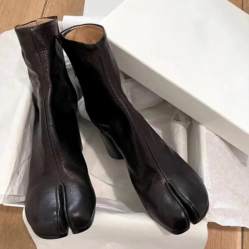 Fashion Luxury Brand Design Leather Tabi Boots Fashion Round Chunky High Heel Ankle Boots For Women Autumn Winter Split Toe Shoes