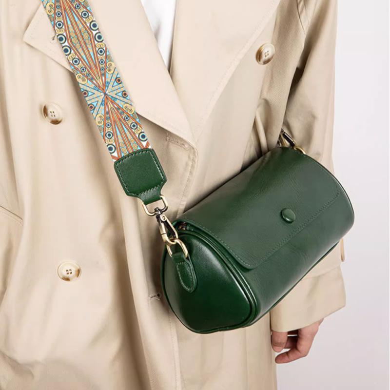 A Retro and Fashionable Single-shoulder Crossbody Bag Made of Leather, Charcoal Top Layer Leather Cylinder Bag
