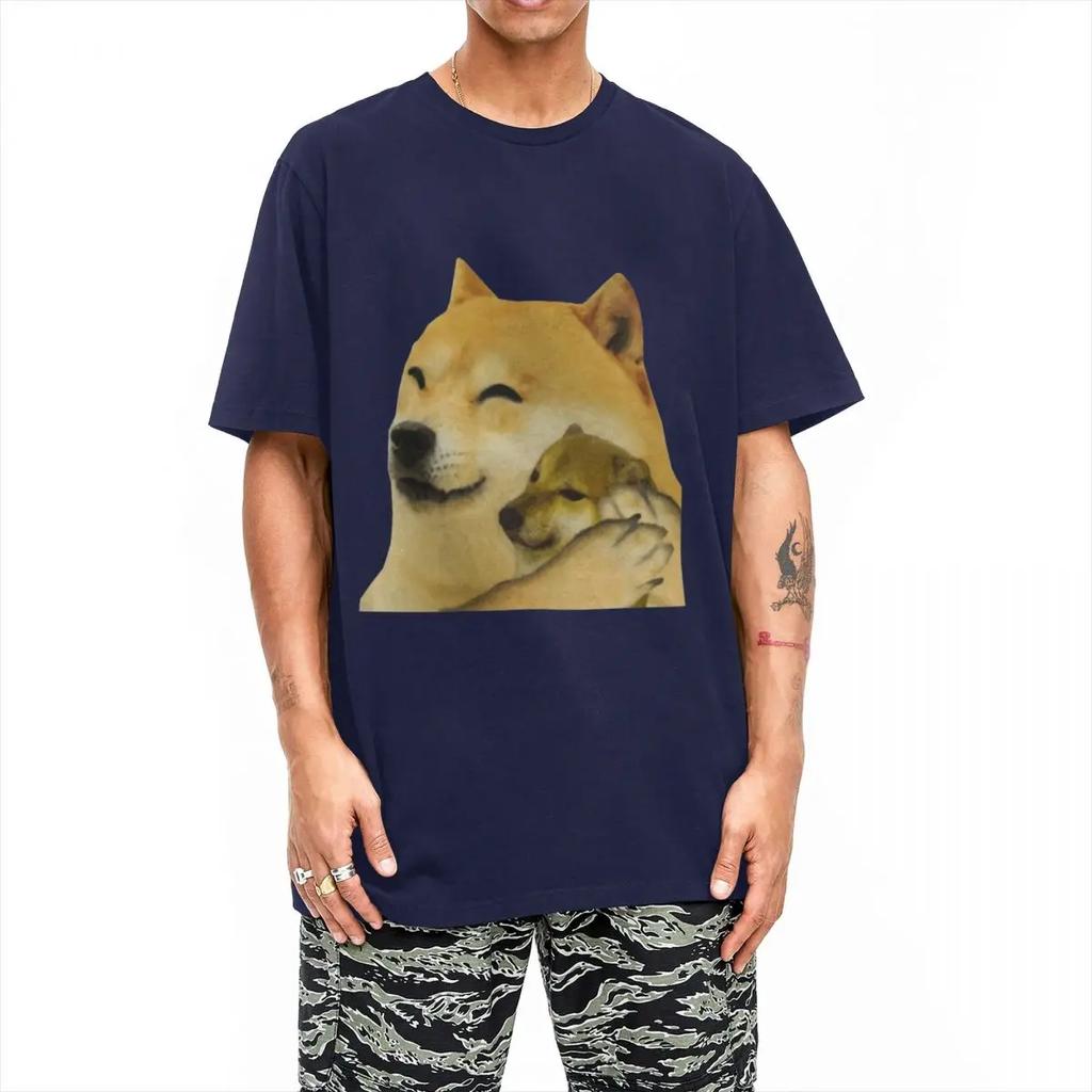 Idea Couple Men Women Doge Hugging Cheems T Shirt Pure Cotton Tops Vintage Short Sleeve Crewneck Tee Shirt Gift Cotton T-Shirt