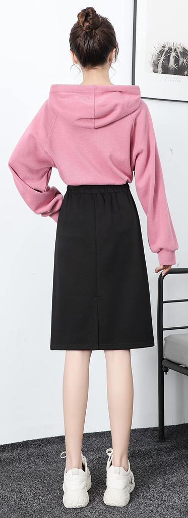 Syvent Sweat Elastic Plus Size Women's Knee-Length Skirt, Casual, Waist, Slit, A-Line, Plain,