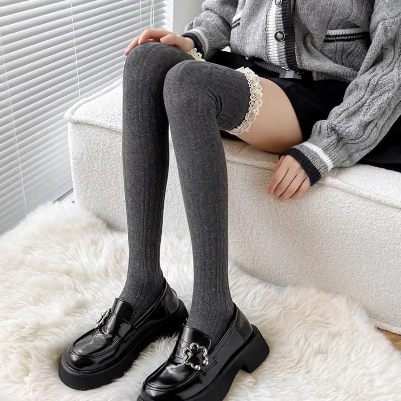 

Japanese Lace Top Thigh High Socks Kawaii Solid Color Knit Over Knee Stockings Lolita Boot Socks Vintage Style Leg Warmers One Size