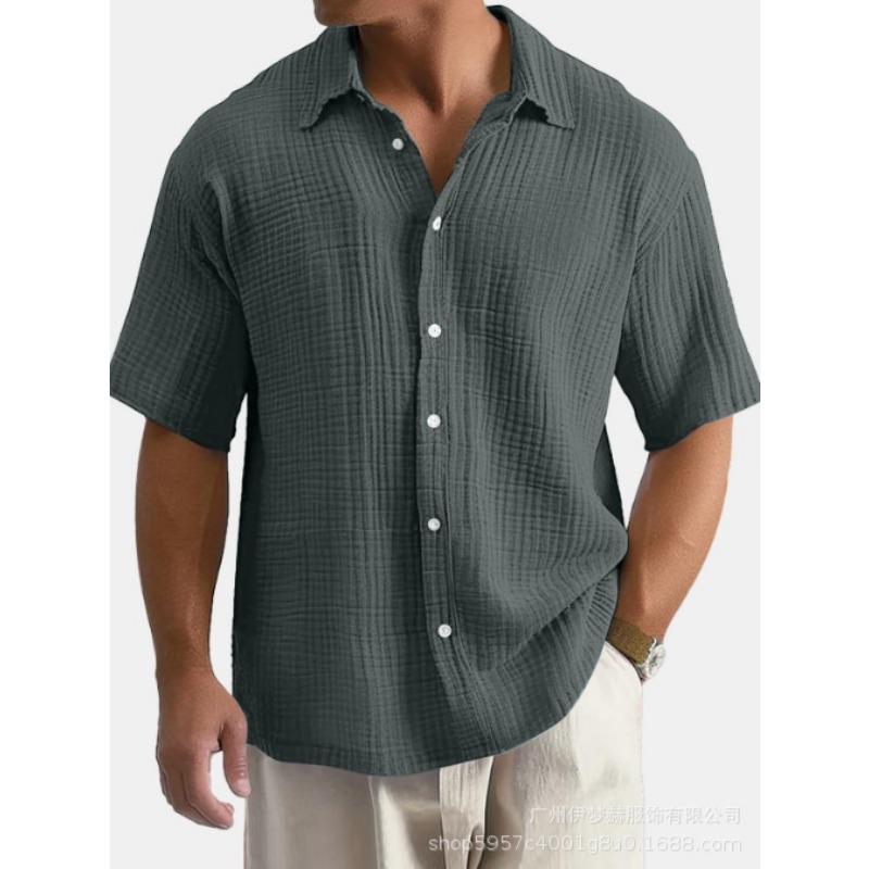 Men Solid Color Crinkle Fabric Short Sleeve Button Down Shirt S серый
