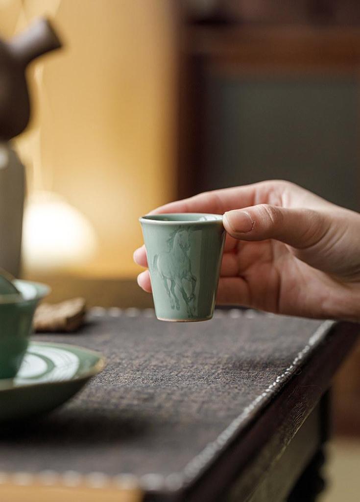 Guanlan Yue Celadon Shadow Carved Zodiac Tea Cup - High-Grade Ceramic Masterpiece for Aroma and Tea Tasting