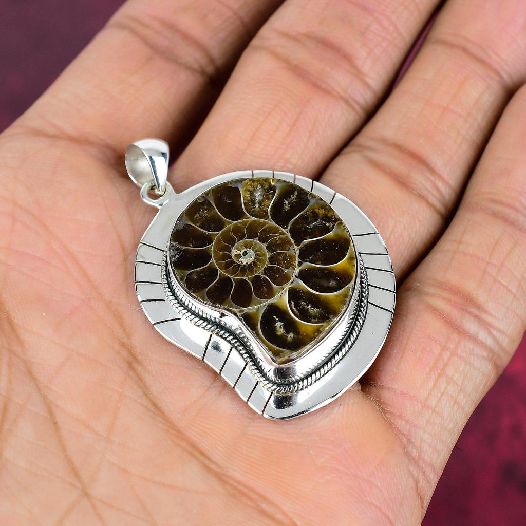 Ammonit Fossil 925 Sterling Silber Anhänger, handgefertigter Edelstein Schmuck Anhänger zum Gedenktag