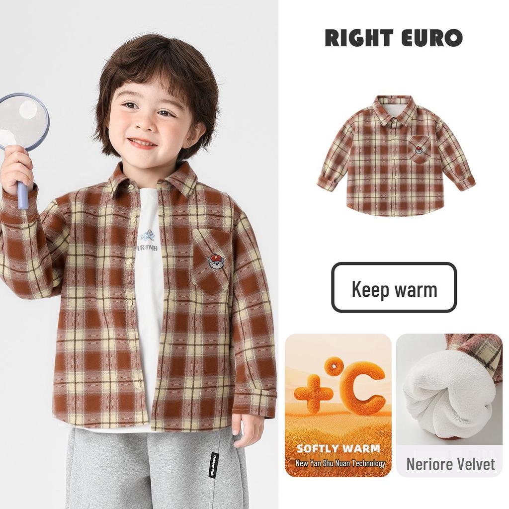 European Boys' Fleece-Lined Plaid Shirt - Autumn/Winter 2025 Kids' Thickened Top