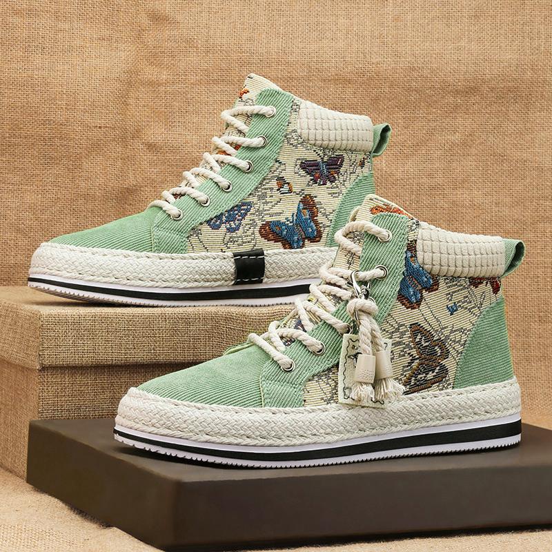 High-top Canvas Men's Shoes Autumn and Winter Breathable Corduroy Lasagna Linen Shoes Sports and Leisure Heightening Board Shoes Trendy Shoes