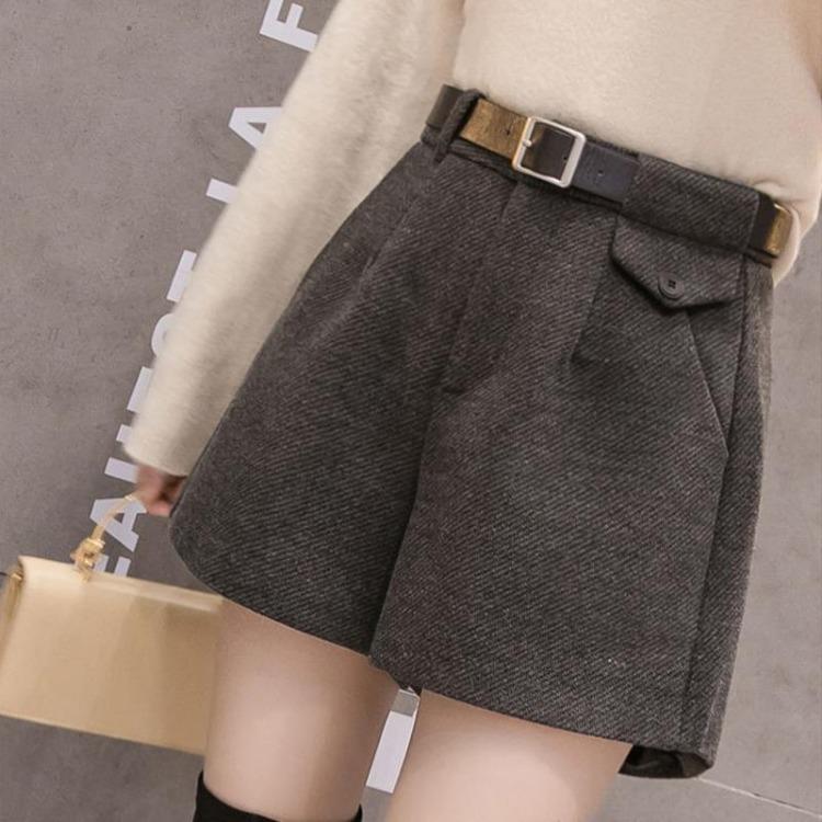 Women's High Waist Tweed Wide Leg Pants Casual Thick Slim Shorts