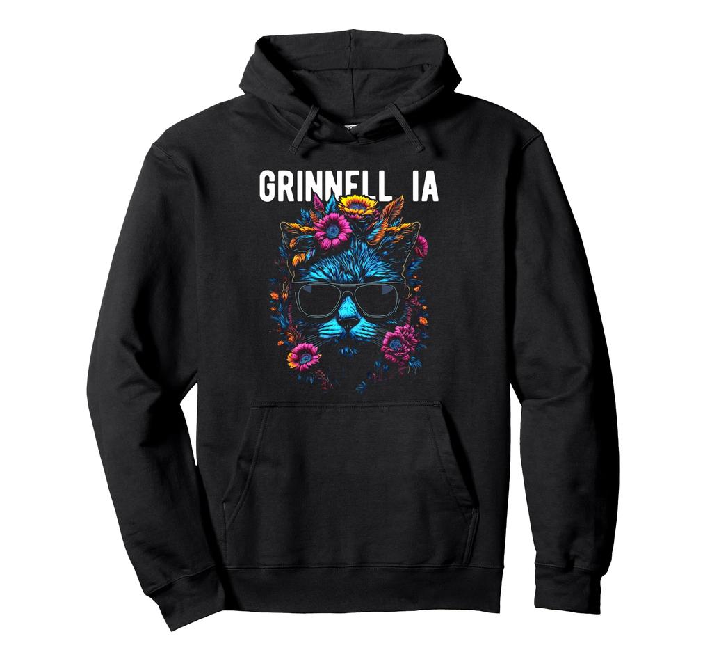 Grinnell IA Cat with Sunglasses and Flowers Hoodie