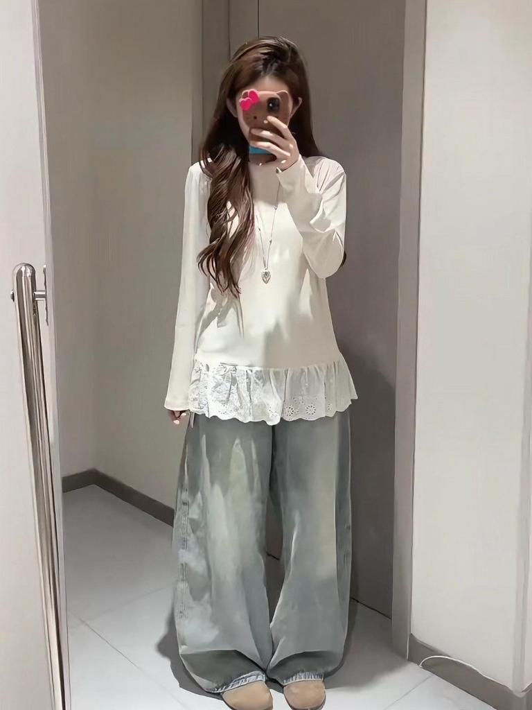 Korean Style Layered Fleece Long-Sleeve T-Shirt with Lace Trim, Round Neck, Regular Shoulder, Loose Fit, Autumn/Winter.