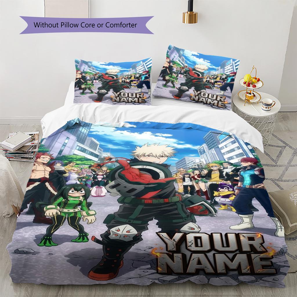 Name Custom Anime Mha Pattern Bedding Set Quilt Cover Pillowcase Home Decor Gift (1 * Duvet Cover + 2 * Pillowcase, Without Core)