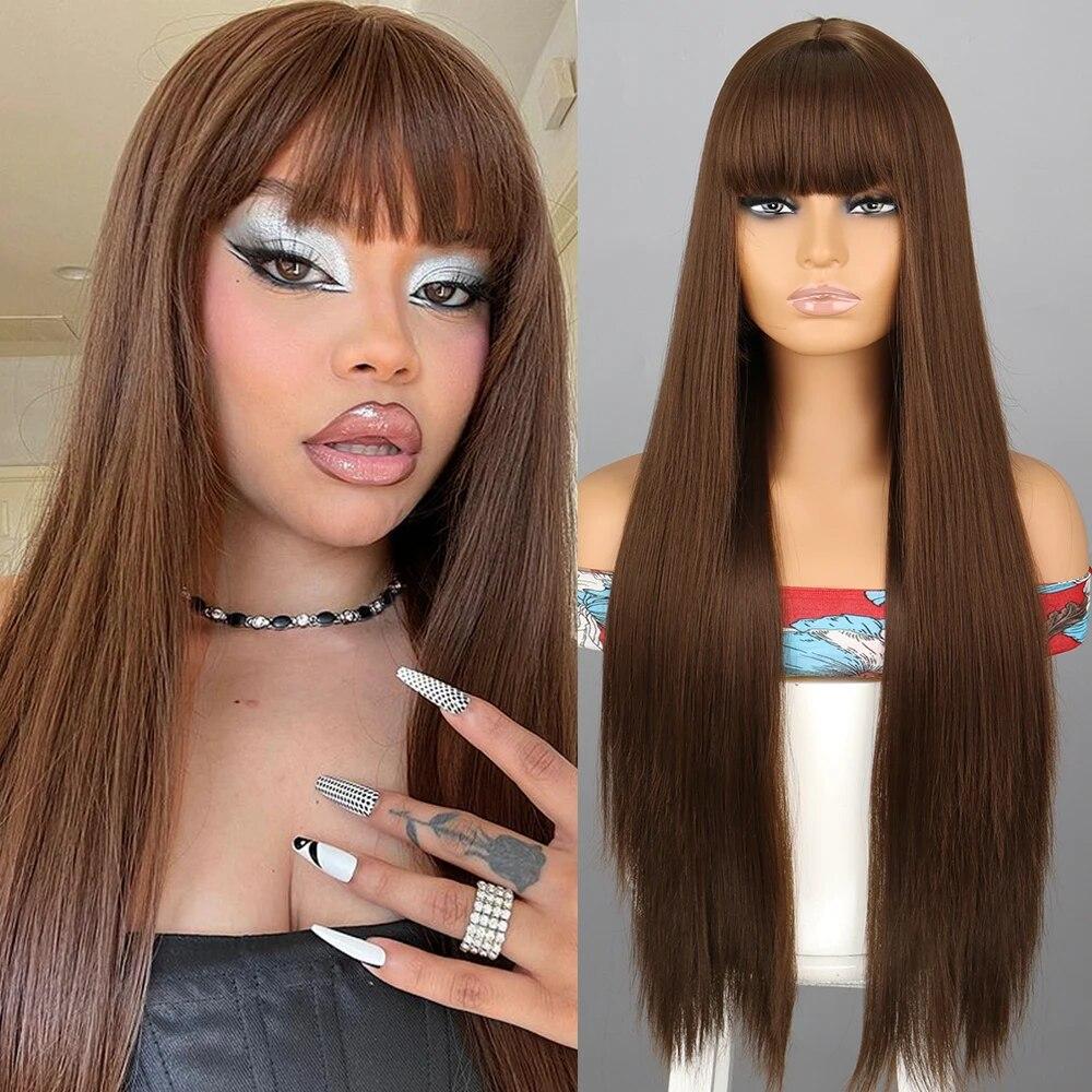 Oranžové syntetické paruky Dlouhé rovné paruky s ofinou pro ženy Růžově červená Cosplay Party Denně používejte přírodní vlasy