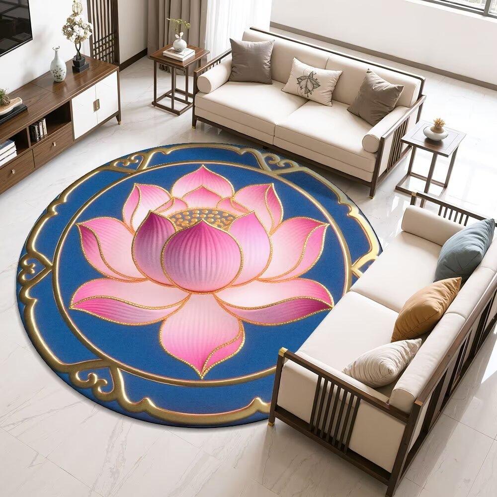 Lotus-Round Rug – Easy-Clean Meditation  Living Room Decor Rug with Chinese Floral Motif