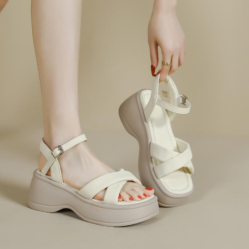 Summer new thick heel platform sandals women's versatile simple cross with one-button open-toe sandals