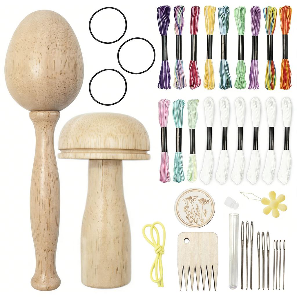 Wooden Darning Mushroom and Eggs Shape Mending Tool Set with Large Eye Needle and Multicolor Threads for Sewing Repair