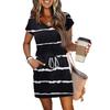 Women's Summer V-Neck Casual Short Sleeve Drawstring With Pocket Vintage Dresses