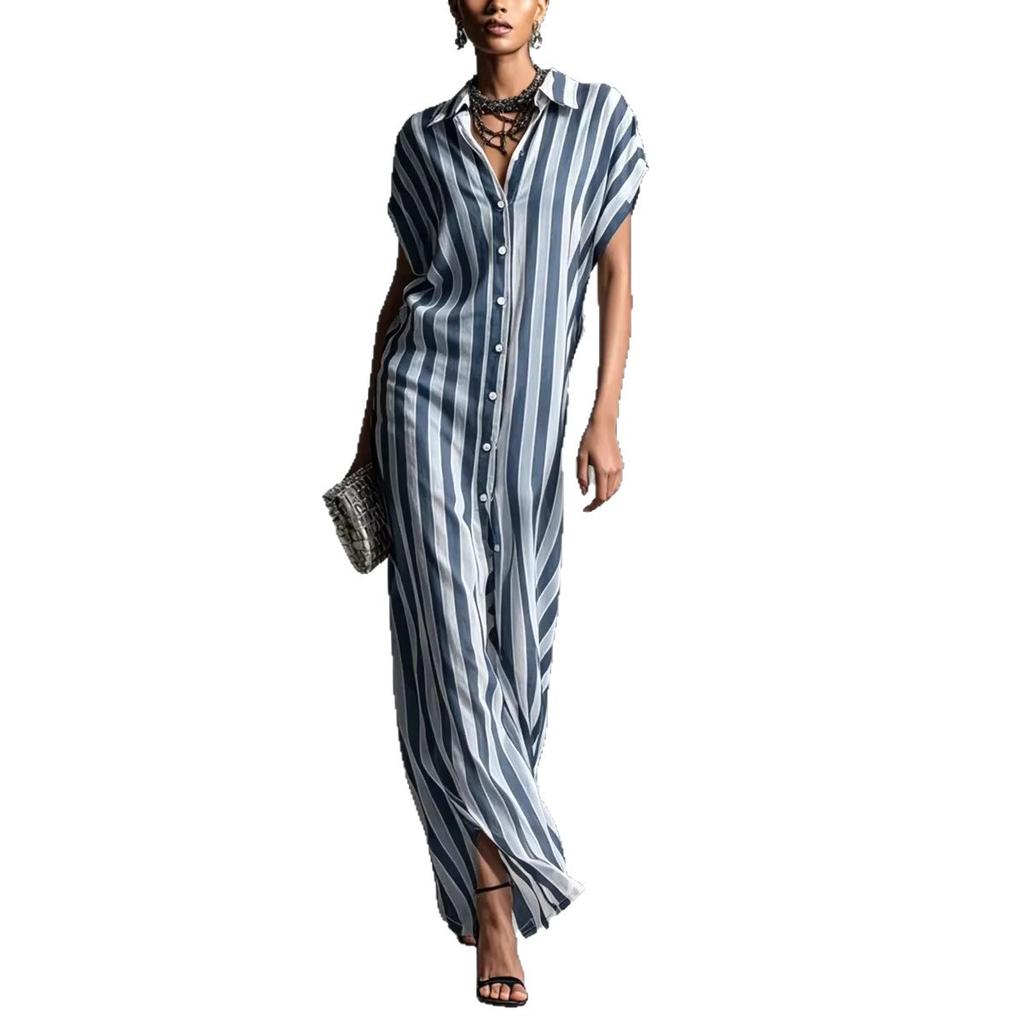European and American Independent Station Cross-border Fashion Loose Lapel Long Striped Summer Popular Short Sleeve Women's Shirt Dress