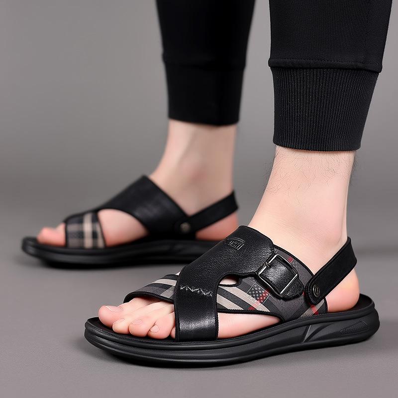 Herrsandaler i äkta läder, sandaler i kohud för utomhusbruk, trendiga strandsandaler för dubbla ändamål med öppen tå, herrskor för fritiden, Sandalias Hombre