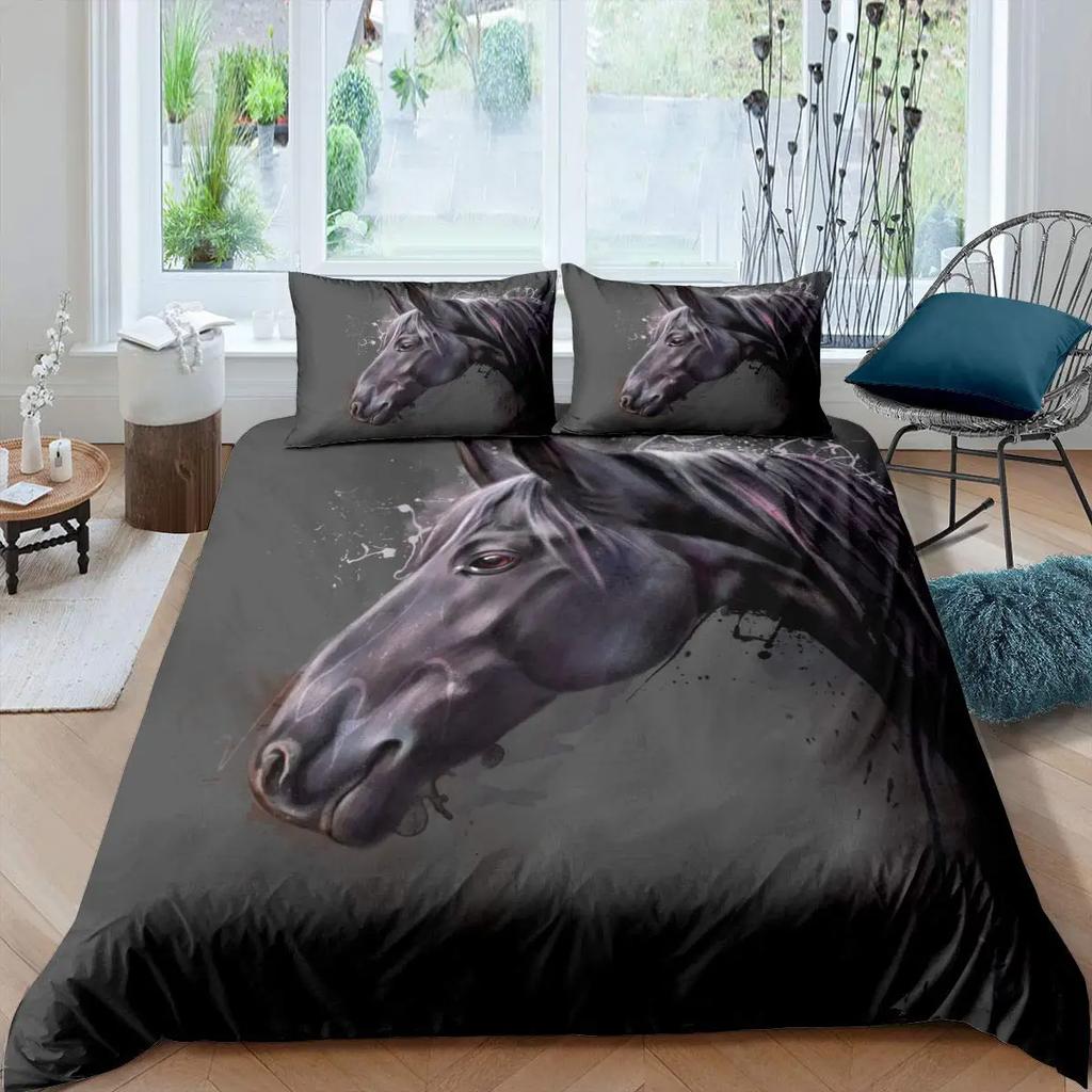 Galloping Horse Duvet Cover Set Western Cowboy Farm Animal Bedding SetBamboo Mountain Ink Painting Firforest Folk Style Bed Set